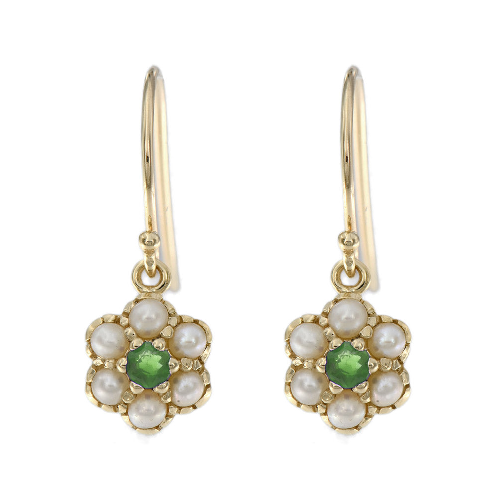 Yellow Gold, Emerald and Seed Pearl Earrings