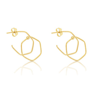 Yellow Gold Double Hexagon Earrings