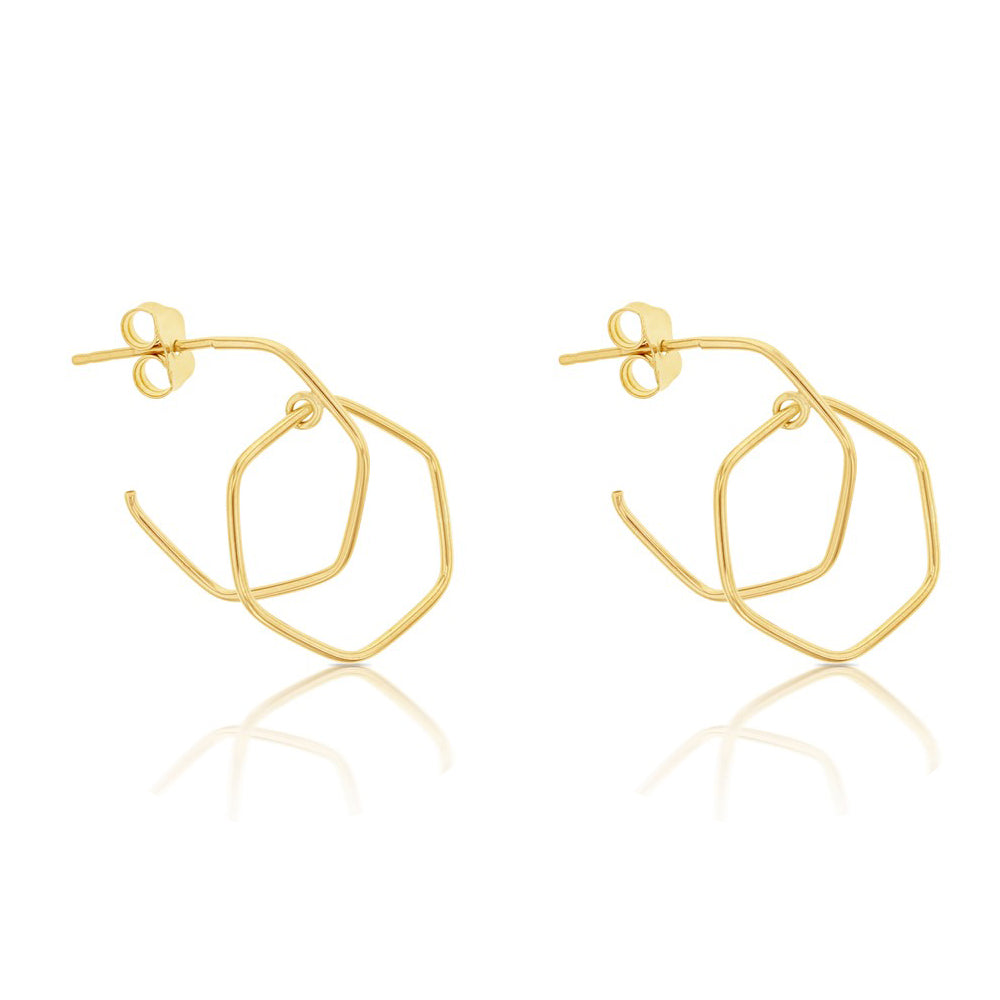 Yellow Gold Double Hexagon Earrings